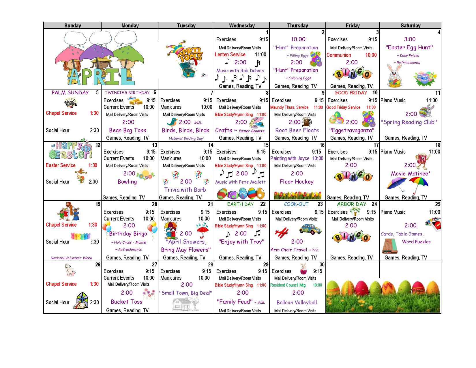 Activities Calendar Vinton Davenport Lutheran Homes